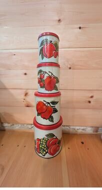 Vintage 1950s Ballonoff Fruit Nesting Canister Set Red Lids - MCM